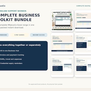 May include: A digital business toolkit bundle for Australian support workers by MKplusCo, featuring six Excel workbooks and five PDF guides. The layout includes an all-in-one business hub, invoice and payment tracker, shift, travel, and expense logs.