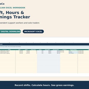 Puede incluir: Un libro de trabajo digital de Microsoft Excel titulado Australian Excel Workbook Shift, Hours & Earnings Tracker para trabajadores independientes. La hoja de cálculo incluye columnas para fecha, cliente, inicio, fin, descansos, horas, tarifa y ganancias.