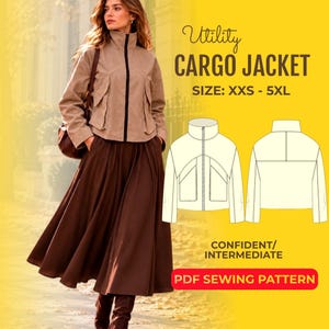 Patrón de costura en PDF para chaqueta cargo / Patrón de chaqueta utilitaria para mujer / Chaqueta con cremallera / Patrón de costura digital / Tamaños A4, A0 y carta (EE. UU.)