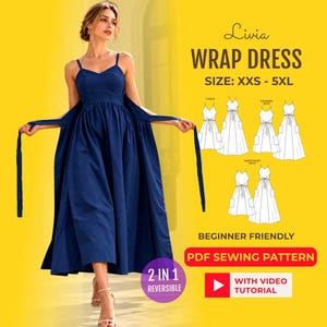 Cartamodello per abito a portafoglio Livia, reversibile, con tasche, taglie dalla XXS alla 5XL (PDF)