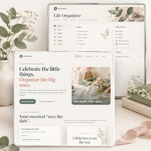 May include: A digital interface display showing a MadeMello life organizer and baby shower invitation bundle. The screen features text including Life Organizer, Celebrate the little things, Organize the big ones, and A little love is on the way.