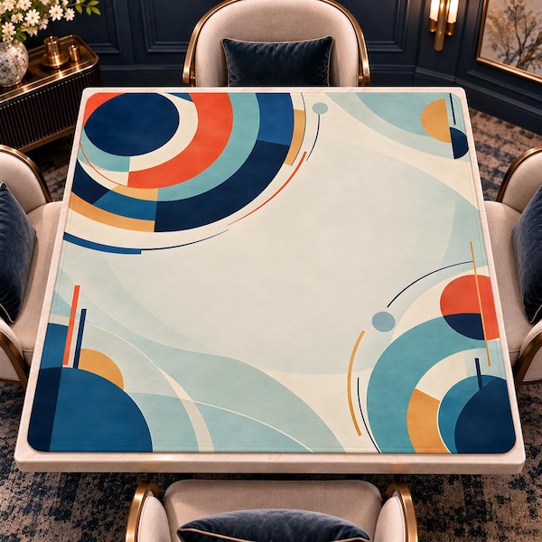 Abstract Circle Mahjong Mat with Carry Bag | Navy Teal & Coral Arc Design | Ships Rolled Up | Non-Slip Backing | Mahjong Gift