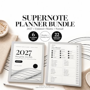 Könnte beinhalten: Ein Supernote Planer-Paket mit zwei digitalen Tablets, die 2027 Planerseiten mit schwarzem und weißem Text sowie Liniengrafiken anzeigen. Die Bildschirme zeigen Monatskalender, Ziel-Tracker und Navigationsmenüs. Der Text umfasst Supernote Planner Bundle, 2027, Plan gently. Live fully. und Digitalavori.