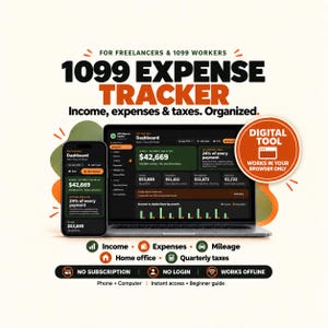 Pode incluir: Um rastreador digital de despesas 1099 para freelancers exibido em um smartphone e laptop. A interface mostra painéis com dados de renda, despesas e impostos. Texto: "1099 EXPENSE TRACKER" e "DIGITAL TOOL WORKS IN YOUR BROWSER ONLY."