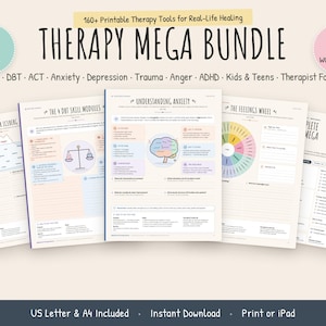Op de afbeelding: Een Therapy Mega Bundle met 196 pagina's en 27 werkboeken voor CGT, DGT en ACT. De printbare documenten bevatten werkbladen met de titels The Anger Iceberg, The DBT Skill Modules, Understanding Anxiety en The Feelings Wheel met tekst.
