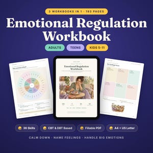 Könnte beinhalten: Ein digitales Arbeitsbuch zur Emotionsregulation mit 193 Seiten für Erwachsene, Jugendliche und Kinder von 5-11 Jahren. Die Darstellung zeigt ein Tablet mit einer Titelseite, flankiert von zwei Innenseiten, einem Gefühlsrad und einer Gefühlstabelle.