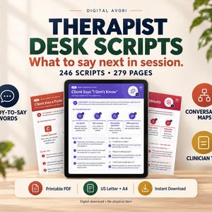 May include: Digital Avori Therapist Desk Scripts featuring 246 scripts and 279 pages. A tablet displays a guide titled Client Says I Don't Know, surrounded by icons for ready-to-say words, conversation maps, and clinician tips in a PDF format.