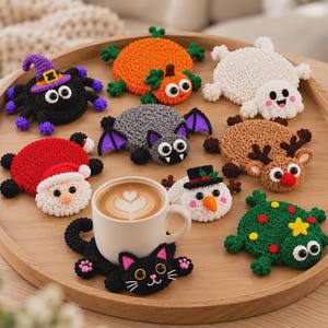 Pacchetto di modelli per sottobicchieri all'uncinetto, 10 sottobicchieri amigurumi carini in 1, sottobicchiere fai da te per le vacanze