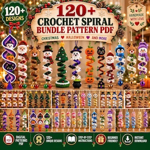 May include: A digital collection of 120+ crochet spiral patterns in PDF format, featuring various holiday-themed ornaments like Santa, reindeer, snowmen, ghosts, pumpkins, and cats. The image displays numerous colorful, hanging spiral decorations.