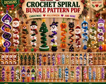 May include: A digital collection of 120+ crochet spiral patterns in PDF format, featuring various holiday-themed ornaments like Santa, reindeer, snowmen, ghosts, pumpkins, and cats. The image displays numerous colorful, hanging spiral decorations.