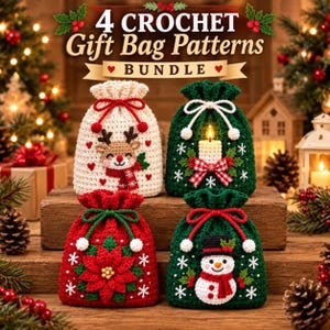 Può includere: Quattro sacchetti regalo all'uncinetto con motivi natalizi: uno color crema con una renna, uno verde con una candela, uno rosso con una stella di Natale e uno verde con un pupazzo di neve. Il testo 4 CROCHET Gift Bag Patterns BUNDLE è in alto.