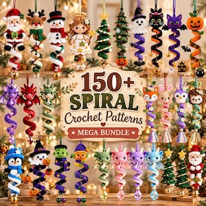 May include: A collection of various crocheted spiral ornaments featuring characters like Santa, reindeer, snowmen, dragons, ghosts, and holiday trees, with a central sign reading 150+ SPIRAL Crochet Patterns MEGA BUNDLE.