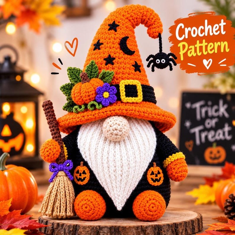 Halloween Witch Gnome Crochet Pattern PDF, Witch Gnome  Amigurumi Crochet Tutorial, Gnome Pattern Digital Download,Spooky Fall Decor