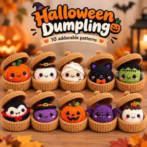 May include: Ten crocheted Halloween-themed figures in small tan acorn-shaped containers. The figures include a pumpkin, ghost, mummy, black cat, Frankenstein, vampire, purple creature, jack-o'-lantern, bat, and a ghost with a pumpkin.