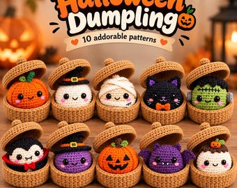 May include: Ten crocheted Halloween-themed figures in small tan acorn-shaped containers. The figures include a pumpkin, ghost, mummy, black cat, Frankenstein, vampire, purple creature, jack-o'-lantern, bat, and a ghost with a pumpkin.