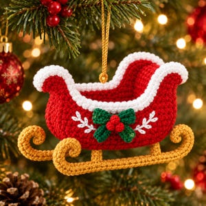 Könnte beinhalten: Ein gehäkelter Weihnachtsschmuck in Form eines roten Schlittens mit weißem Rand, goldenen Kufen sowie einer grünen Stechpalmenblatt- und roten Beerenverzierung an der Seite. Der Anhänger hängt an einer goldenen Kordel und hat weiße Stickereien.