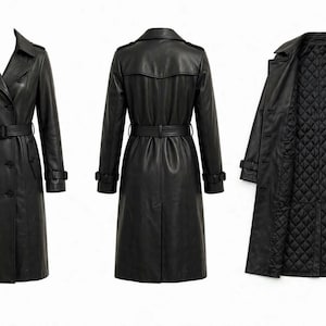 Peut inclure: Un trench-coat noir à double boutonnage avec col à revers, épaulettes, ceinture à la taille et poignets boutonnés. Le manteau est présenté de face, de dos et ouvert pour révéler une doublure intérieure noire matelassée en losanges.