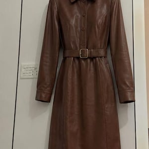 Brown Leather Trench Coat | Long Leather Coat | Real Leather Coat Dress | Vintage Brown Leather Coat | Handmade | Real Lambskin Leather |