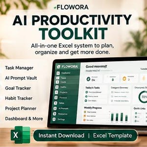 Op de afbeelding: Een laptopscherm met de Flowora AI Productivity Toolkit, een Excel-systeem. De interface bevat een donkergroene zijbalk, een dashboard met takenlijsten, doelregistratie en voortgangsgrafieken. De tekst bevat Task Manager, AI Prompt Vault, Goal Tracker, Habit Tracker, Project Planner en Dashboard & More.