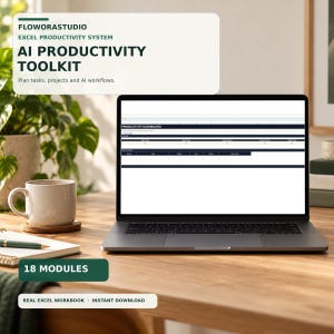 May include: A laptop displaying an Excel productivity dashboard with the text FLOWORASTUDIO EXCEL PRODUCTIVITY SYSTEM AI PRODUCTIVITY TOOLKIT Plan tasks, projects and AI workflows. 18 MODULES REAL EXCEL WORKBOOK INSTANT DOWNLOAD.