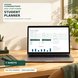 Puede incluir: Un ordenador portátil que muestra un panel de control de planificador de estudios Excel de Floworastudio con tablas y gráficos para realizar un seguimiento de cursos, exámenes y horas de estudio. La pantalla muestra siete hojas y el texto.