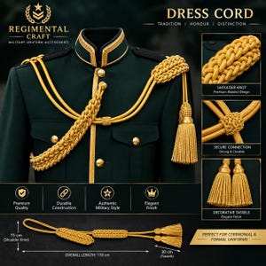 May include: A gold braided dress cord for a military uniform, featuring a shoulder knot, decorative tassels, and a secure connection. The cord has an overall length of 170 cm, with a 15 cm shoulder knot and 30 cm tassels, as shown in the diagram.