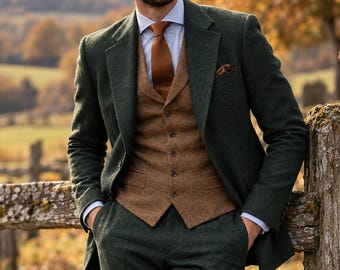 Forest Green Wool 3-Piece Suit, Brown Tweed Waistcoat, Vintage British Menswear