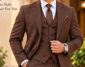 Traje de hombre de 3 piezas color marrón chocolate, confeccionado a medida para novio (tejido de felpa).