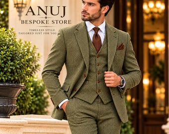 Olive Green Herringbone Tweed Suit, Men's Vintage Wedding Blazer (2 or 3 Piece)