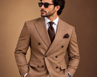 Terno masculino marrom-camelo de abotoamento duplo, lapela de pico, corte sob medida (Anuj Bespoke Store)