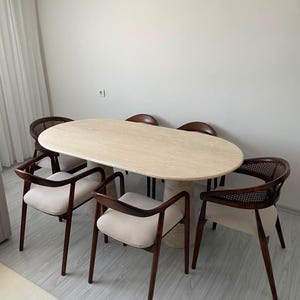 Handcrafted Travertine Oval Dining Table, Japandi Stone Pedestal Desk