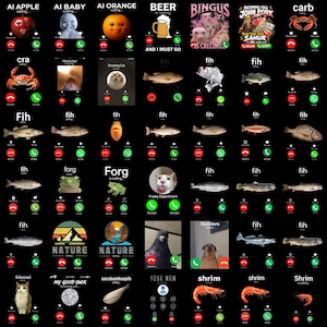 May include: A digital collage of multiple smartphone incoming call screens featuring various animals, fish, and humorous text labels like AI Apple, Bingus, John Pork, and Shrim. Each interface includes red decline and green accept call buttons.