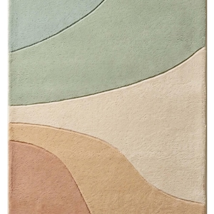 May include: A rectangular area rug featuring a textured, tufted surface with abstract, flowing curved lines. The design displays a color palette of soft blue, sage green, cream, tan, and terracotta, creating distinct sections across the rug.