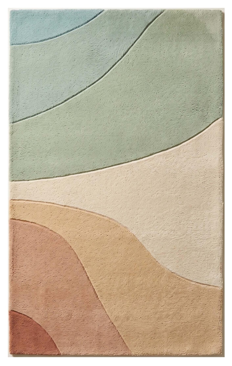 May include: A rectangular area rug featuring a textured, tufted surface with abstract, flowing curved lines. The design displays a color palette of soft blue, sage green, cream, tan, and terracotta, creating distinct sections across the rug.