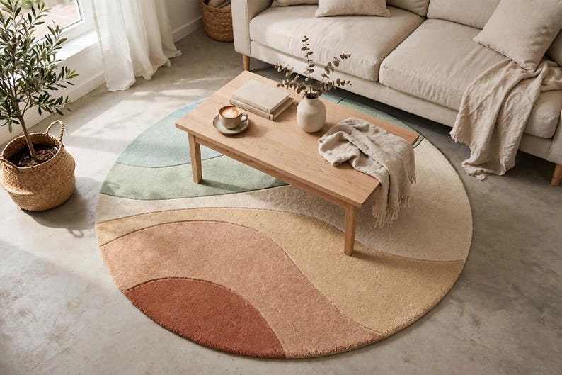 May include: A round area rug featuring a layered, abstract wave pattern in shades of terracotta, beige, cream, and sage green. The rug has a soft, textured pile and is positioned under a light-toned wooden coffee table in a living space.
