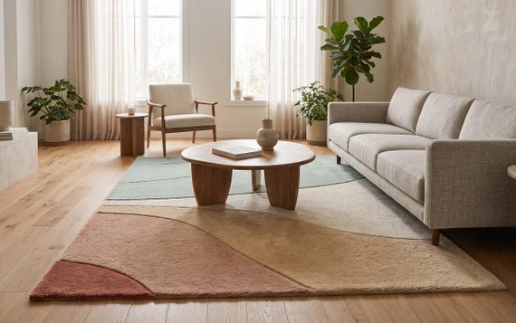 Handmade Hand Tufted Wool Rug, Modern Abstract Area Rug, Sage Green Terracotta Beige Home Decor, Custom Size