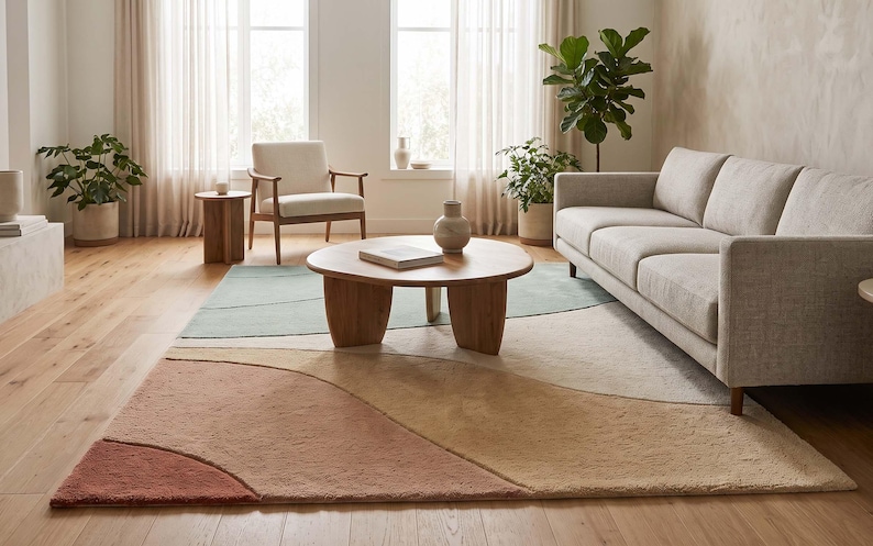 May include: A rectangular area rug featuring a multi-colored abstract pattern with curved, organic shapes in shades of terracotta, beige, cream, and sage green. The rug has a textured, plush pile surface and is positioned on a light wood floor.