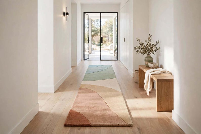 May include: A long rectangular runner rug featuring a series of overlapping curved shapes in muted tones of sage green, cream, beige, and terracotta, laid out on a light-colored wooden floor in a bright hallway with white walls.
