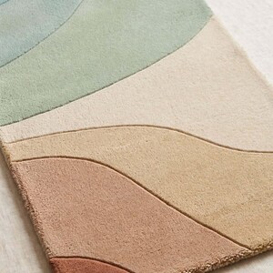 May include: A rectangular area rug featuring a tufted texture with abstract, curved, wave-like sections in muted shades of sage green, light blue, cream, beige, terracotta, and dark rust, separated by recessed lines in the pile.