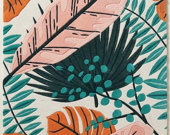 May include: A rectangular rug with a cream background featuring a repeating botanical pattern of large orange monstera leaves, long light pink tropical leaves, dark green palm fronds, and teal berries. The text STR RUGS is in the bottom corner.