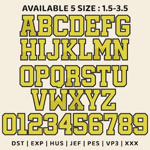 Peut inclure: Un ensemble d'alphabet et de chiffres brodés avec des lettres et des chiffres jaunes en bloc et un contour noir. Le texte indique AVAILABLE 5 SIZE : 1.5-3.5 en haut et liste les formats DST, EXP, HUS, JEF, PES, VP3 et XXX en bas.