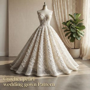 May include: A strapless floor-length wedding gown featuring an intricate crochet net overlay adorned with numerous white pearls. The bodice is fitted with a sweetheart neckline, transitioning into a voluminous, full-skirted silhouette.