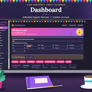 May include: A digital kids birthday party planner dashboard displayed on a laptop screen. The interface features a dark purple theme with pink and yellow accents, showing progress bars, budget trackers, and task lists for party planning.