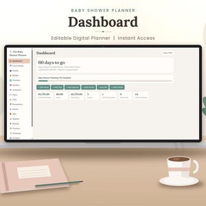 May include: A digital baby shower planner dashboard displayed on a laptop screen. The interface features a sidebar with navigation tabs, a progress bar, and summary boxes for budget, guests, and tasks. Text includes Baby Shower Planner Dashboard.