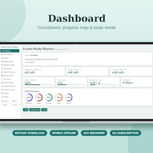 May include: A digital Exams Study Planner dashboard displayed on a laptop screen. The interface features a sidebar menu, countdown timers for subjects, progress bars, study streak counters, and circular subject progress charts.