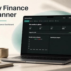 Financiële planner-app (digitaal te downloaden): budgetplanner, maandelijkse uitgavenplanner, spaardoel, schuldaflossing en geldbeheer.
