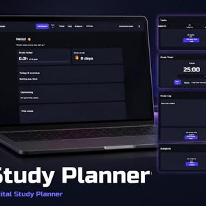 Può includere: Uno schermo di un portatile che mostra un'interfaccia di pianificazione dello studio digitale a tema scuro con sezioni per attività, timer, registro di studio e materie. Il dashboard mostra obiettivi giornalieri. Il testo Study Planner è visibile.