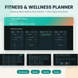May include: A digital Fitness & Wellness Planner with a dark interface featuring a weekly workout tracker, meal, habit, and goal sections. The layout includes columns for Monday through Thursday with exercise lists, checkboxes, and progress bars for tracking fitness routines.
