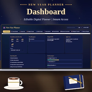 May include: A digital New Year planner dashboard displayed on a laptop screen, featuring sections for event details, guest lists, budget tracking, and countdowns. The interface uses a dark blue theme with gold text, including the title New Year Planner.