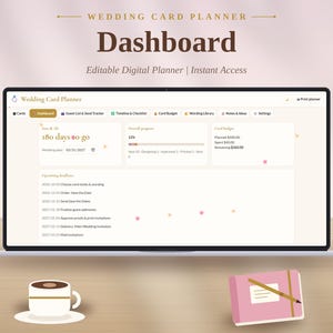 Könnte beinhalten: Ein digitaler Hochzeitskartenplaner auf einem Laptop-Bildschirm mit einem Dashboard, das Reiter für Karten, Gästelisten, Zeitpläne, Budgets und Einstellungen enthält. Die Benutzeroberfläche zeigt Fortschrittsbalken und anstehende Fristen.